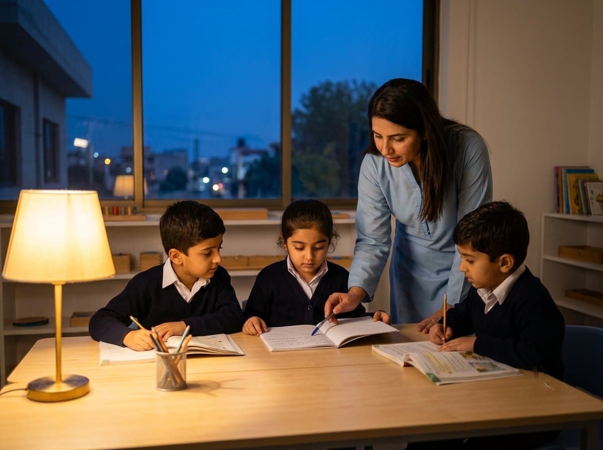 Evening coaching session — a tutor helping three children with homework under warm lamp light