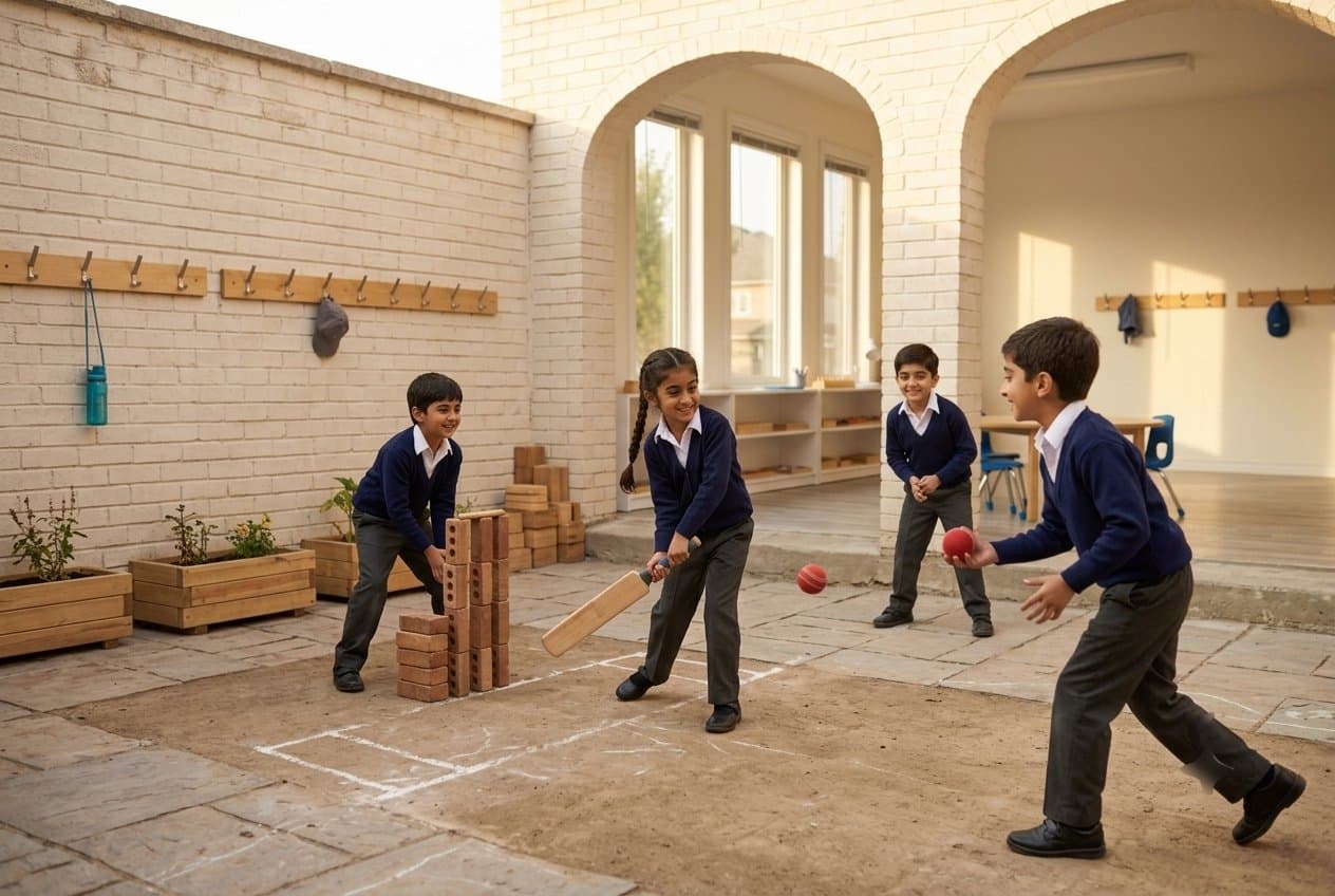 Children playing cricket in the school courtyard