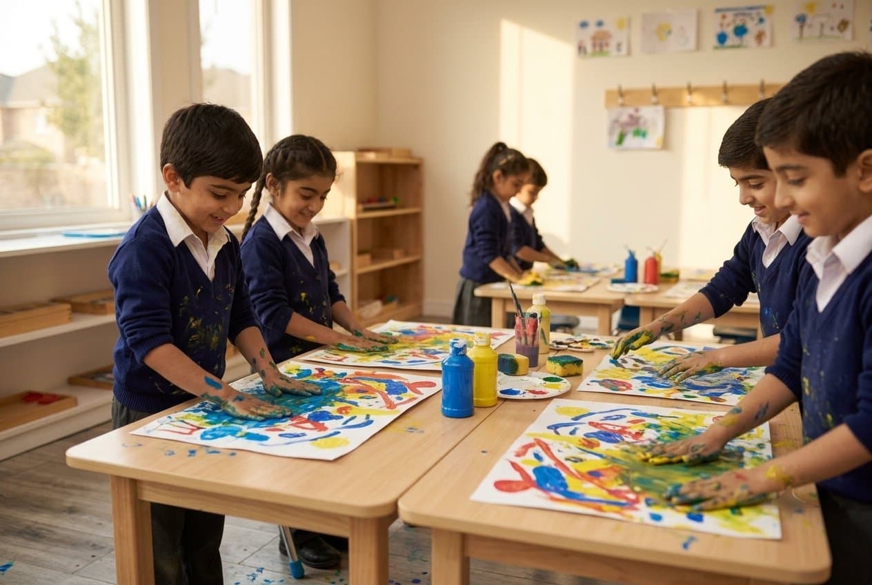 Art class — small hands painting bright posters