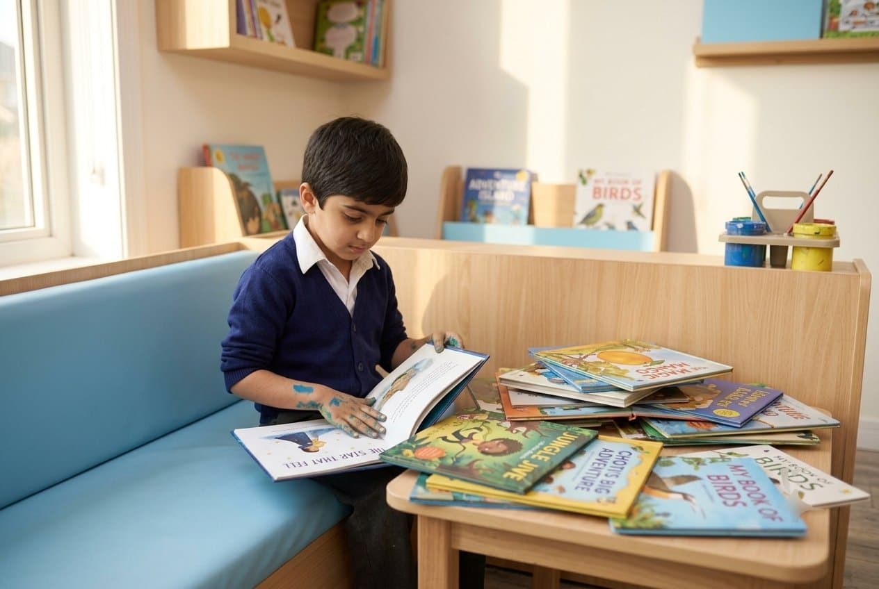 A child lost in a book in the reading corner