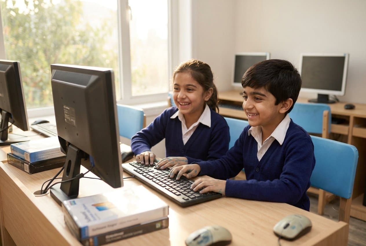 Two children sharing a keyboard in the computer lab