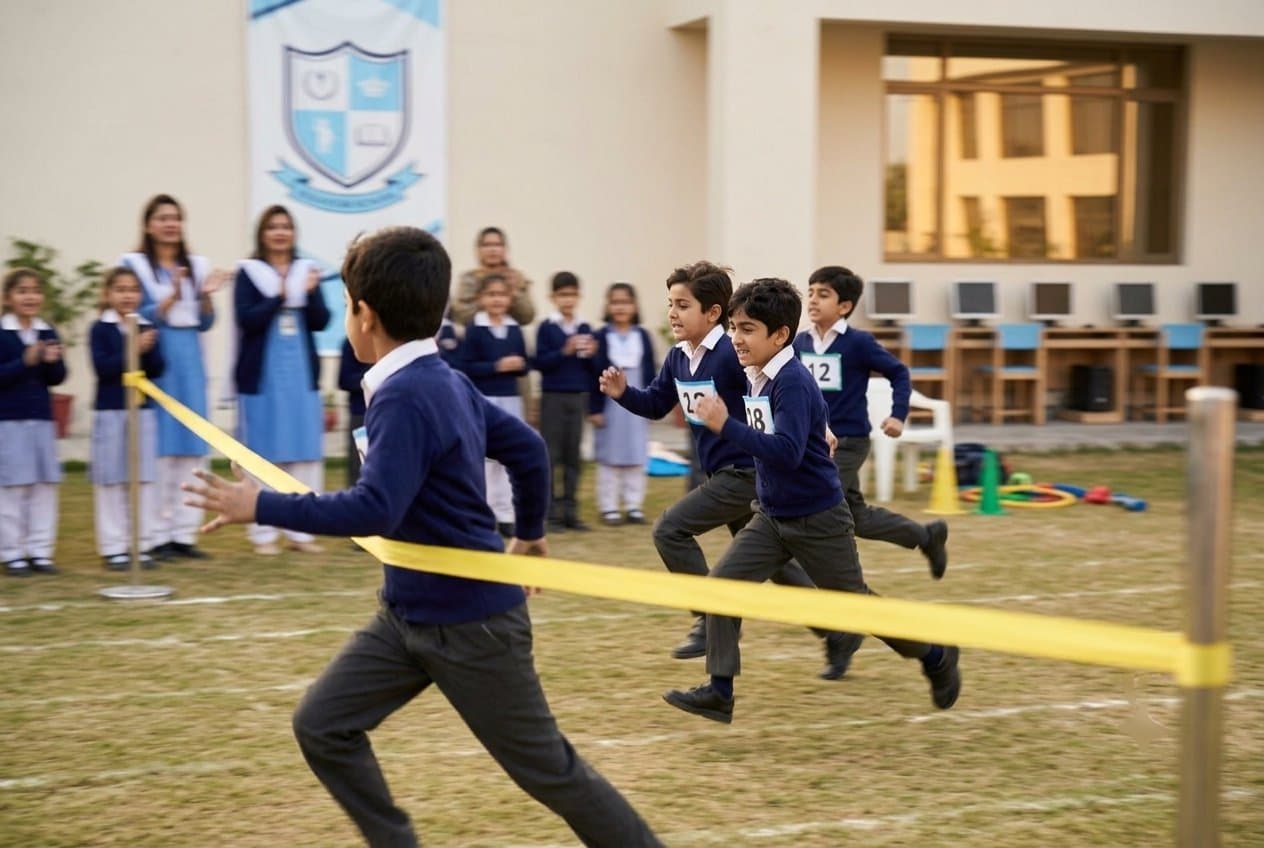 Sports day — children racing toward a yellow ribbon