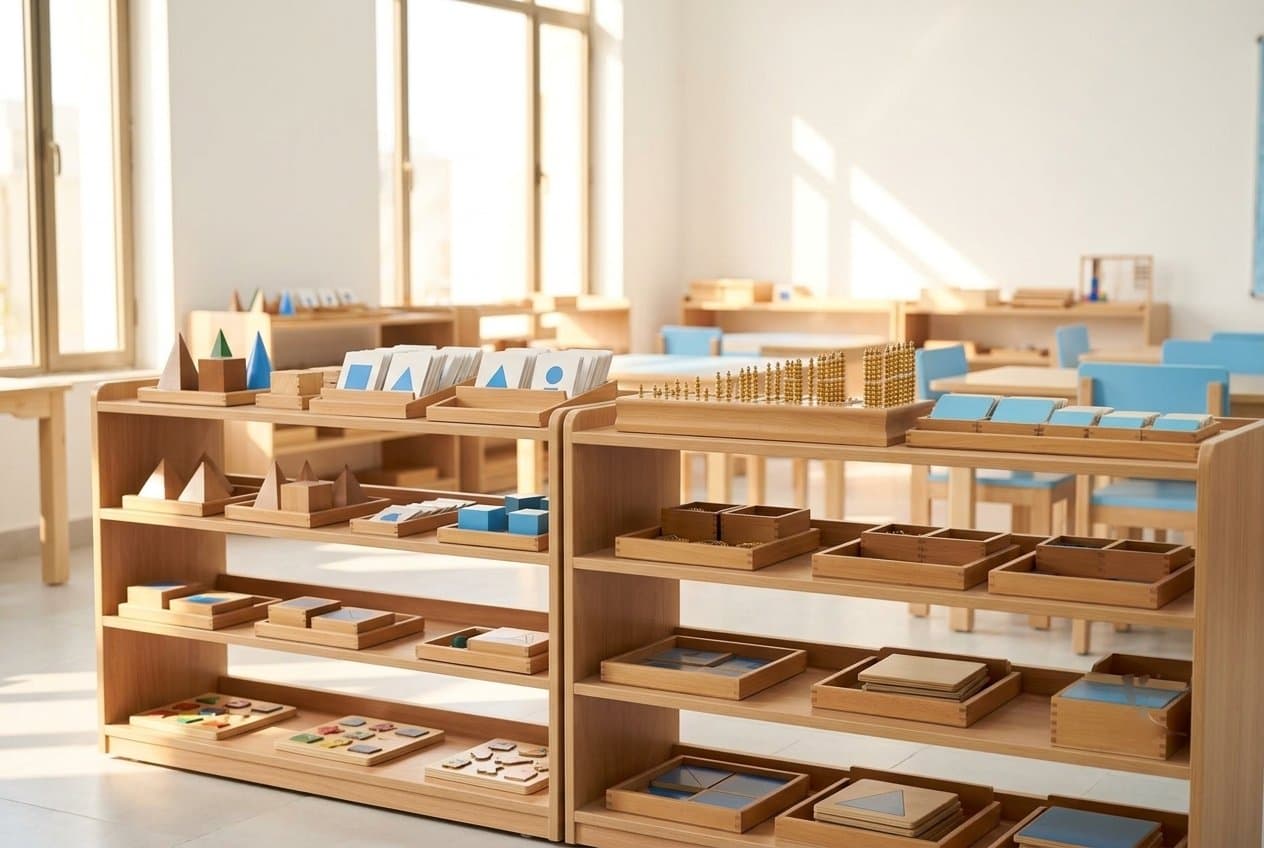 Montessori materials neatly arranged on low wooden shelves