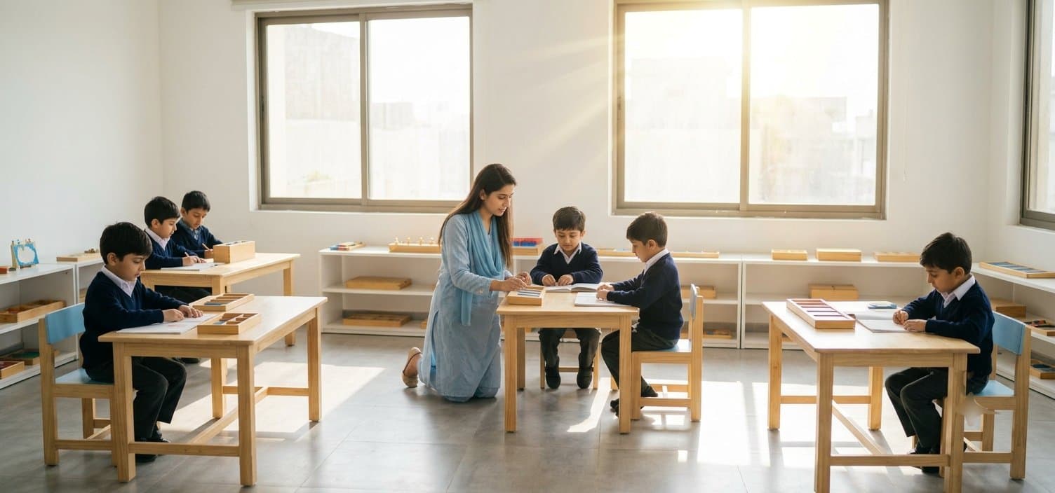 Falcons Education System classroom — children working with Montessori materials in warm morning light while a teacher guides one child