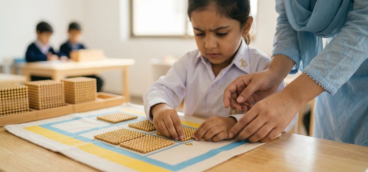 Child working with Montessori golden bead materials while a teacher guides her hands