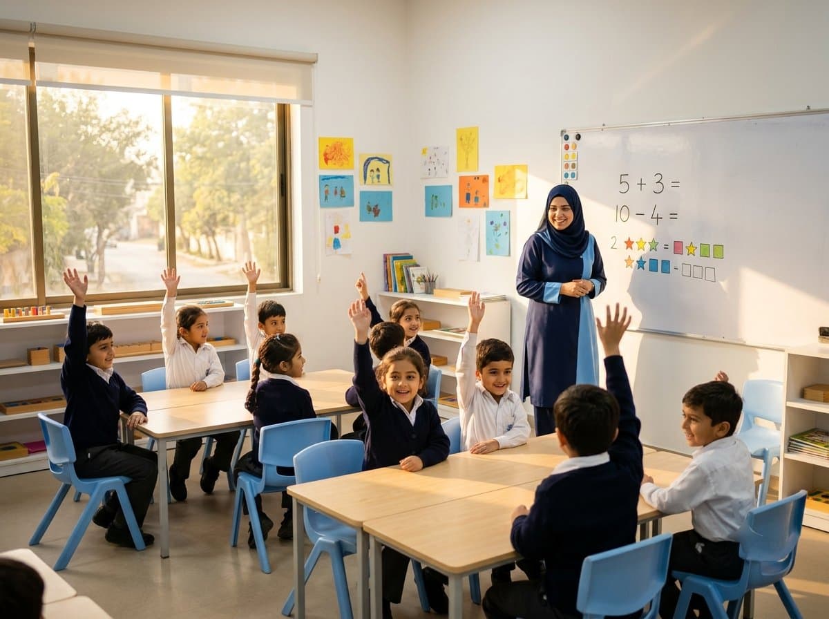Primary school students raising their hands eagerly in a bright classroom